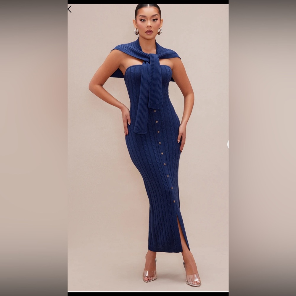 Strapless Navy Cable Knit Button-Front Maxi Dress